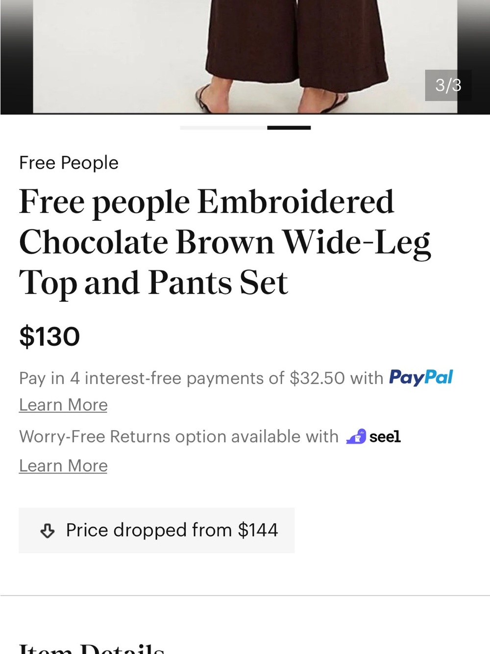 Free People Chocolate Brown Embroidered Cami & Wide-Leg Set - Picture 3 of 3